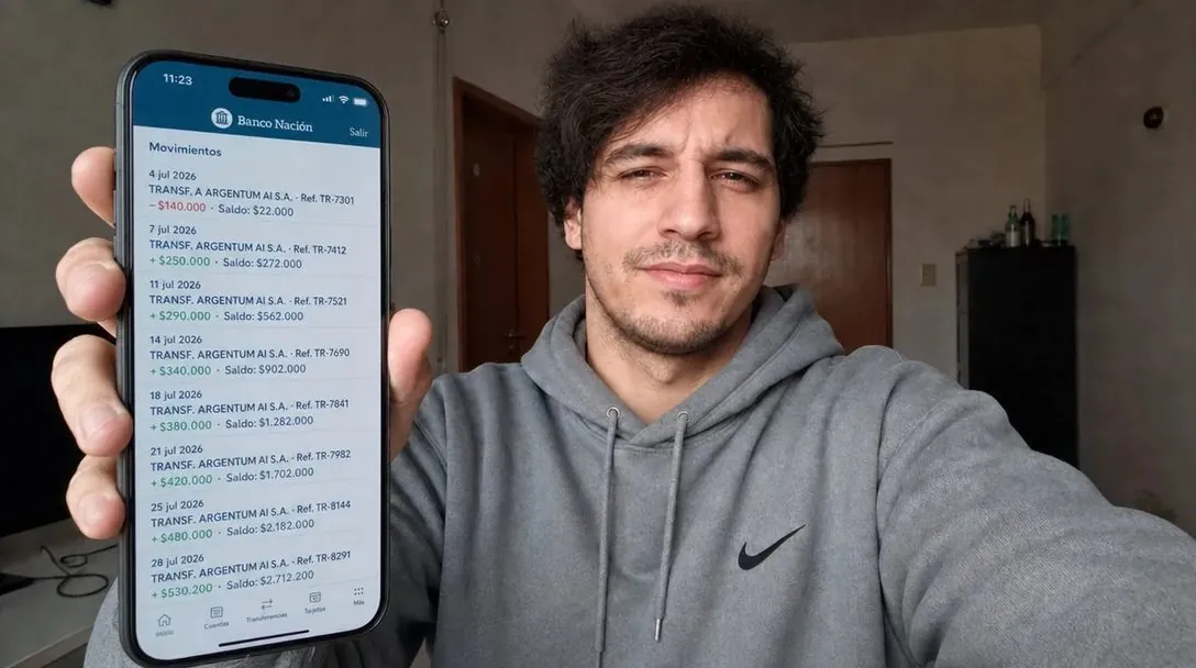 Matías Soria muestra la app del Banco Nación con transferencias de Silber Markt GPT S.A. — saldo final $2.712.200